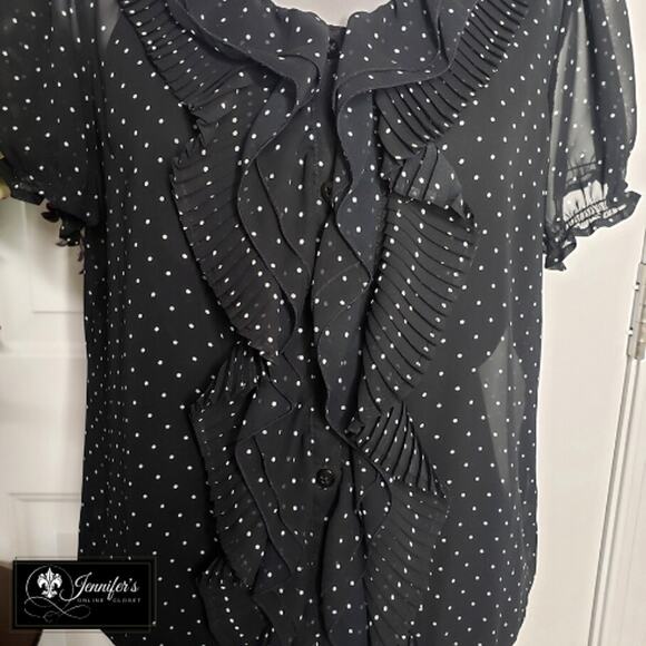 3/$25 Apt. 9 Black and White Sheer Pleated Ruffle Polka Dot Blouse - Picture 3 of 13